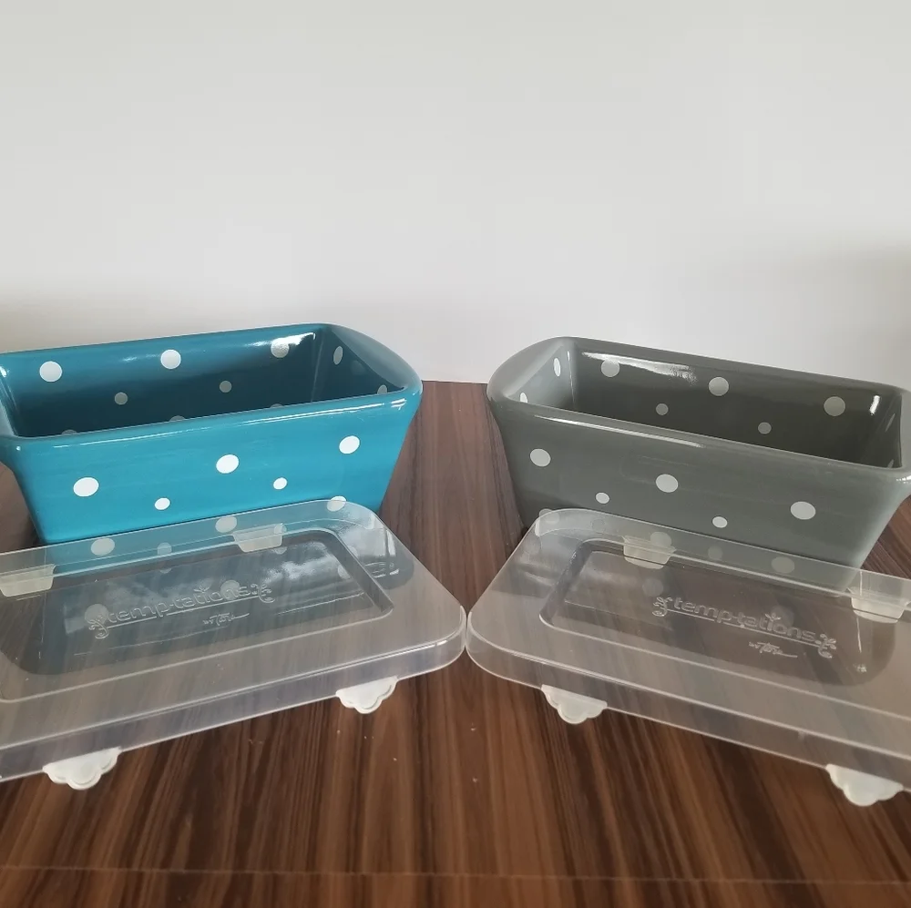 Temp-tations By Tara 2 Ceramic Mini Loaf Pans POLKA DOT Turqoise Gray With Lids.